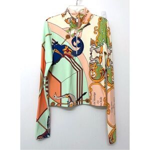 NWT Tory Burch Carousel Printed Crop Half Zip Top Animal Peach Orange Carnival L